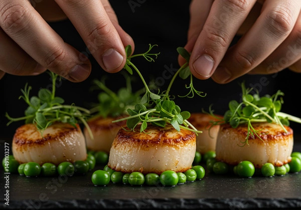 Fototapeta Seared scallops topped with sprouts and served on a bed of green peas are being garnished by chef's hands. The dish is presented on a black slate plate with dark background