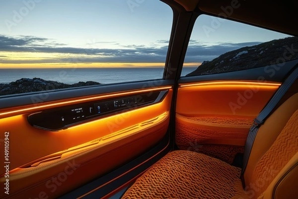 Obraz Interior view of a vehicle showcasing orange accents and lighting.
