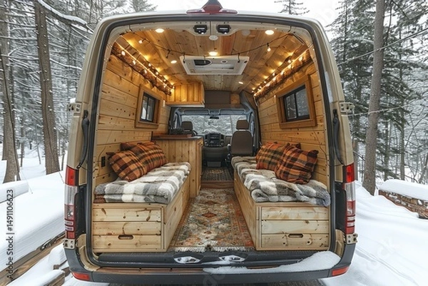 Obraz Interior of a customized camper van with wooden accents.
