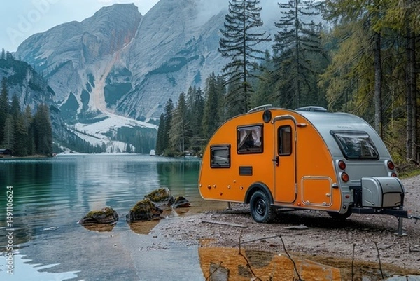 Obraz Scenic lake view with a small orange camper.