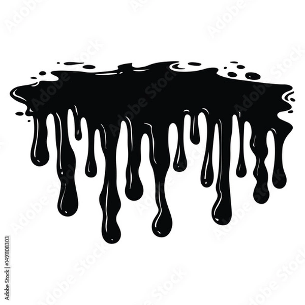 Fototapeta Black ink splatter and drips on a white background, Black dripping paint with irregular shape, abstract art design