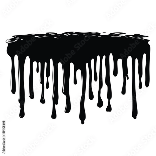 Fototapeta Black ink splatter and drips on a white background, Black dripping paint with irregular shape, abstract art design