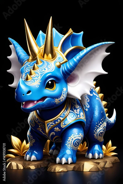 Fototapeta A tiny blue and white porcelain triceratops with gold horns isolated on abstract background, animal design illustration wallpaper 