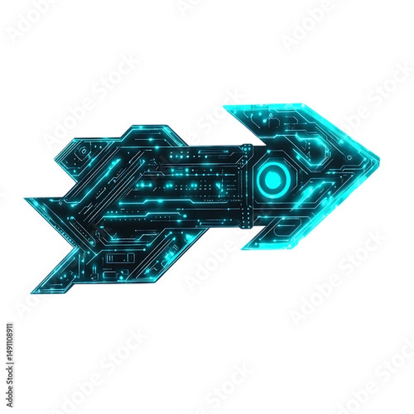 Obraz Futuristic Arrow with Digital Overlays in Neon Cyan Isolated on Transparent Background