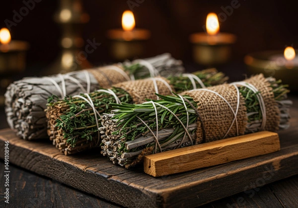 Fototapeta Sage bundles with rosemary and thyme wrapped in burlap on a wooden board with candles in the background for smudging ceremony