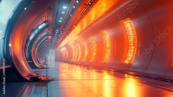 Obraz Futuristic tunnel interior illuminated with vibrant orange light.