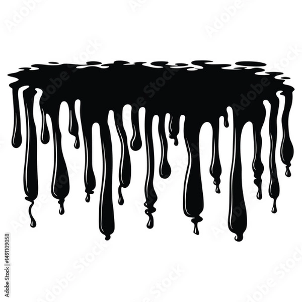 Fototapeta Black ink splatter and drips on a white background, Black dripping paint with irregular shape, abstract art design