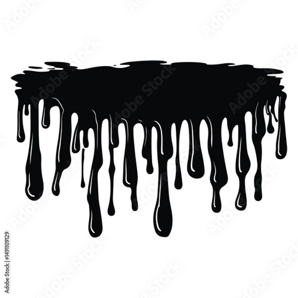 Fototapeta Black ink splatter and drips on a white background, Black dripping paint with irregular shape, abstract art design