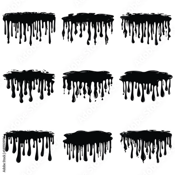 Obraz Black ink splatter and drips on a white background, Black dripping paint with irregular shape, abstract art design