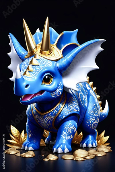 Fototapeta A tiny blue and white porcelain triceratops with gold horns isolated on abstract background, animal design illustration wallpaper 