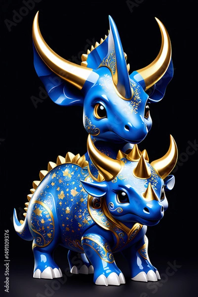 Fototapeta A tiny blue and white porcelain triceratops with gold horns isolated on abstract background, animal design illustration wallpaper 