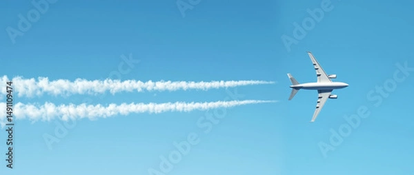 Obraz An airplane flying in the sky and releasing chemtrail clouds in a long, horizontal line. The blue sky is beautiful,