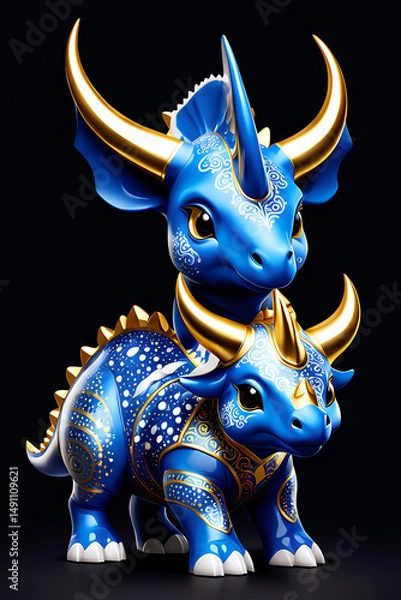 Fototapeta A tiny blue and white porcelain triceratops with gold horns isolated on abstract background, animal design illustration wallpaper 
