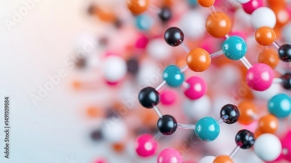 Fototapeta Colorful molecular structure with spheres representing atoms on a gradient background.