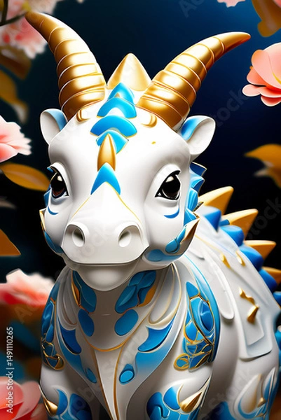 Fototapeta A tiny blue and white porcelain triceratops with gold horns isolated on abstract background, animal design illustration wallpaper 