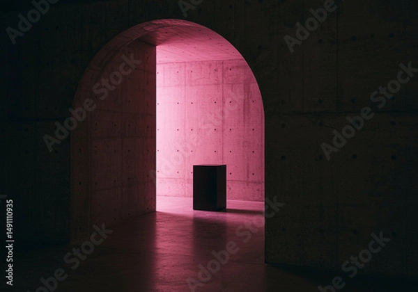 Fototapeta Cube in Modern Concrete Architecture with Arch Interior Design. Abstract architectural interior features a cube with archway in concrete wall creating a minimalist and modern design