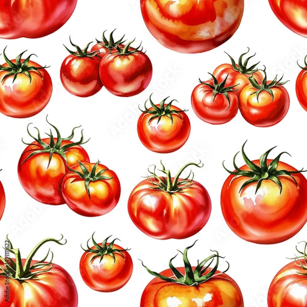 Fototapeta red tomato, healthy food, vegetable, pattern, seamless texture. watercolor illustration. artificial intelligence generator, AI, neural network image. background for the design
