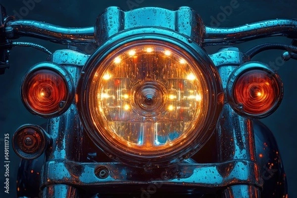Obraz Close-up view of a motorcycle headlight with vibrant lighting.