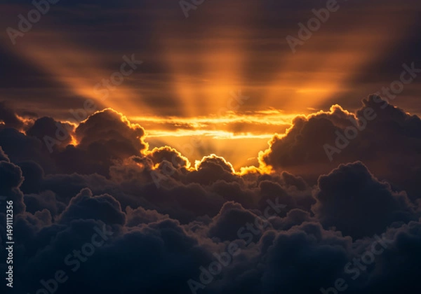 Fototapeta Dramatic sunset with golden light shining through clouds creating beautiful crepuscular rays in sky. The sun's rays pierce the cloud cover illuminating the scene with a warm ethereal glow
