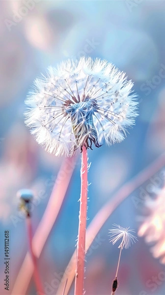 Fototapeta Close-up of dandelion seed head in soft pastel light.
