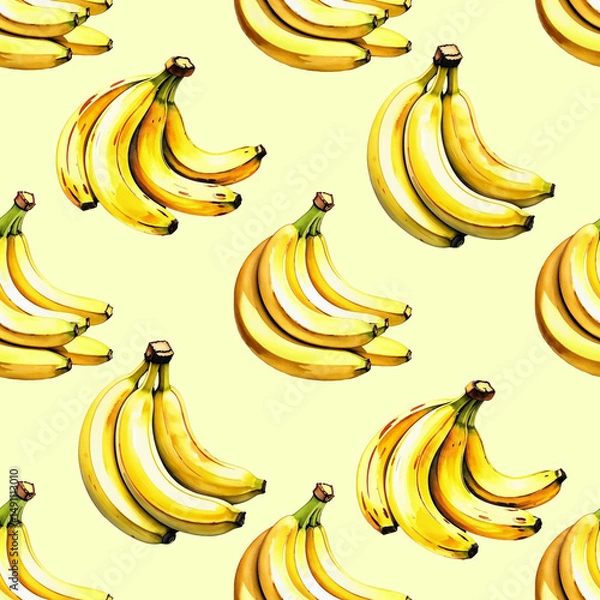 Fototapeta ripe yellow banana, sweet fruit, pattern, seamless texture. watercolor illustration. artificial intelligence generator, AI, neural network image. background for the design