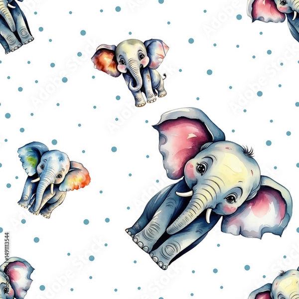 Fototapeta cute grey elephant, African animal, seamless texture. watercolor illustration. artificial intelligence generator, AI, neural network image. background for the design