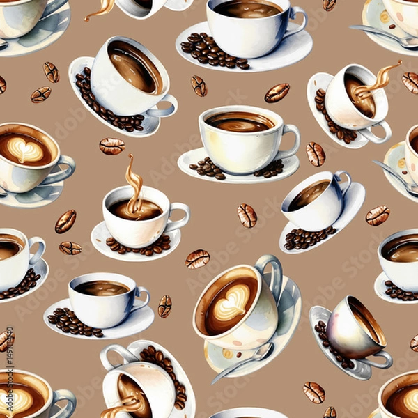 Fototapeta a cup of hot coffee, a delicious drink, a pattern, a seamless texture. watercolor illustration. artificial intelligence generator, AI, neural network image. background for the design