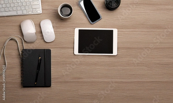 Fototapeta Flat lay of tech gadgets on wooden desk in minimal style, top view

