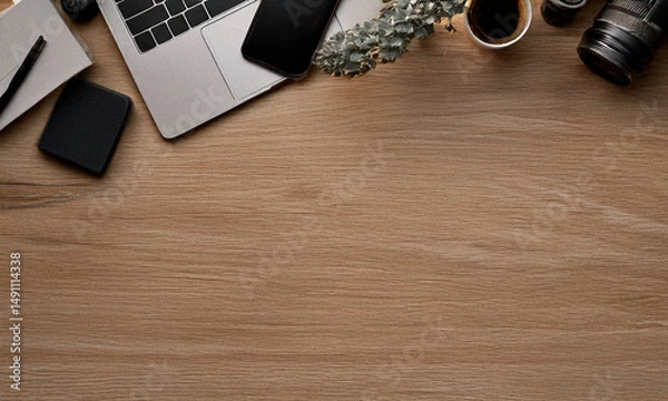 Fototapeta Flat lay of tech gadgets on wooden desk in minimal style, top view