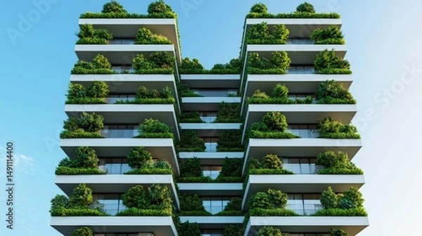 Fototapeta Modern green building with lush vertical gardens and balconies under a clear blue sky.