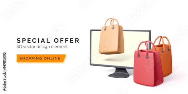 Fototapeta Online Shopping with 3D Bags and Computer Monitor. E-Commerce Sale Promotion Banner in Modern Minimal Style. Special Offer Concept. Vector
