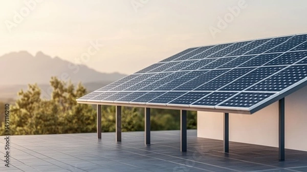 Fototapeta Solar panels on a modern rooftop with a mountain backdrop at sunset.