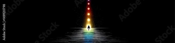 Obraz Illuminated Path: A solitary figure embarks on a journey along a vibrant, radiant path of light, vanishing into the darkness. a visual representation of journey and mystery