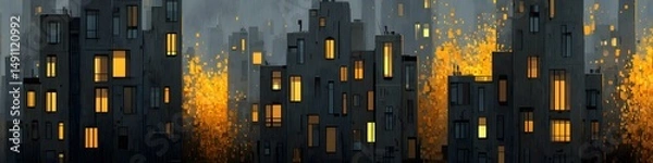 Obraz Urban Symphony at Dusk: A panoramic cityscape comes alive as twilight descends, a vibrant panorama of illuminated windows punctuating the silhouette of buildings.