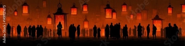 Obraz Silhouettes of Hope: A poignant image of numerous silhouetted figures standing amidst a sea of glowing lanterns, creating a powerful and symbolic representation of community, remembrance.