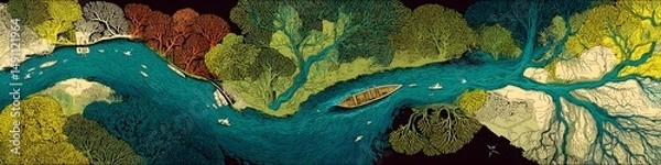 Obraz Riverside Scenic Serenity: An elevated, artistic view unfolds a serene landscape of a river meandering through verdant trees, with small boats traversing the tranquil waters.