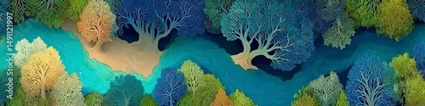 Obraz Forest River Landscape: An artful aerial vista showcases a winding river weaving through a vibrant forest, where trees in varying hues of green, blue, and yellow. This scene evokes a sense of calm.