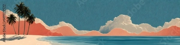 Obraz Tropical Beach Landscape: Serene tropical beach scene with palm trees, coral-colored hills, and calm ocean. This illustration evokes feelings of tranquility and escape.