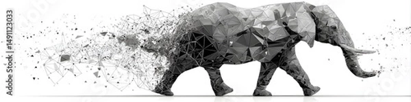 Obraz Vanishing Presence: A powerful elephant, rendered in a striking, geometric style, transitions into particles, conveying the concepts of environmental consciousness and animal endangerment.