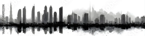 Obraz Cityscape Serenity: A captivating monochrome depiction of an urban skyline mirrors gracefully in the tranquil waters below, evoking a sense of calm and architectural beauty. 