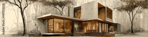 Obraz Contemporary House in Nature's Embrace: An architecturally stunning modern residence, seamlessly integrated with its natural surroundings, epitomizing elegance, tranquility.