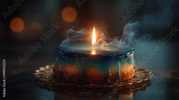 Fototapeta A glossy mirror-glaze birthday cake with a single candle flame creating a mesmerizing reflection, dark moody background with copy space.
