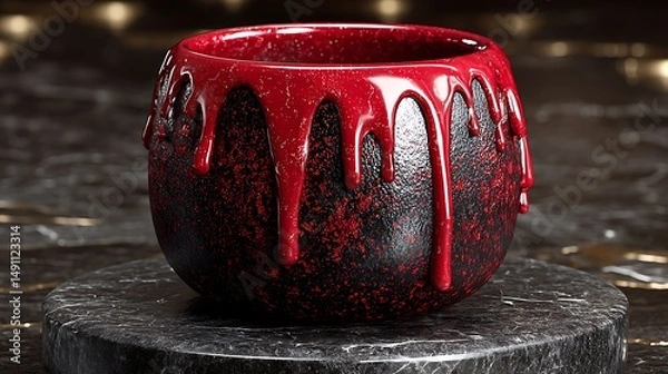 Fototapeta A glossy red cup with liquid-like dripped enamel textures, placed on a sleek black granite podium