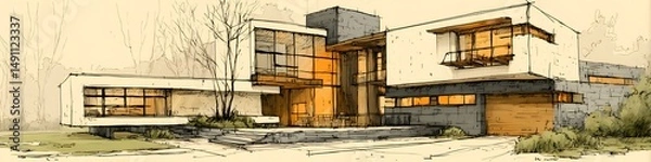 Obraz Contemporary Abode: A stylized architectural rendering presents a sleek, modern home, showcasing clean lines, expansive windows, and a harmonious integration with its environment.