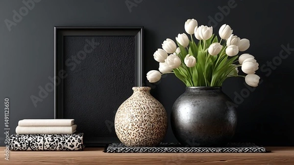 Fototapeta A glossy round white mockup frame leaning against a wall, a geometrically patterned small carpet beneath, a metallic flower vase with white tulips