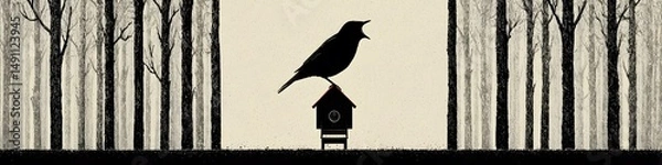 Obraz Bird on Birdhouse in Woods: A solitary bird perches atop a small birdhouse nestled amidst a stand of slender, dark trees. The monochromatic palette creates a mood of quiet contemplation. 