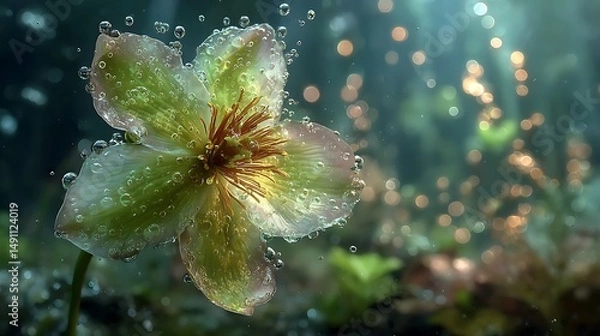 Fototapeta A glowing green underwater orchid, its petals covered in dewdrop-like bubbles, with sunlight piercing the water in golden streaks.