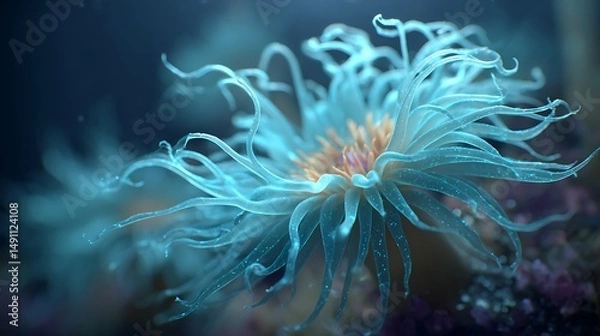 Fototapeta A glowing turquoise sea anemone, its delicate tendrils moving hypnotically in the current, backlit by diffused sunlight.