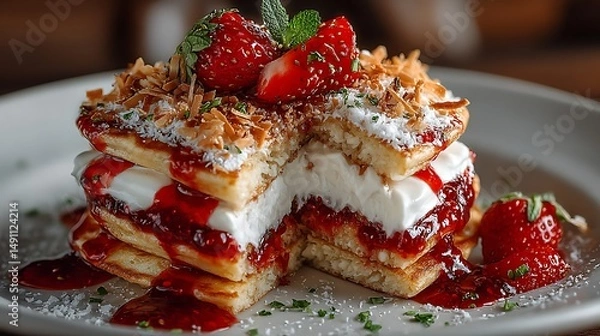 Fototapeta A gluten-free pancake stack with layers of strawberry chia jam and coconut yogurt, garnished with toasted coconut flakes.