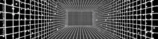 Fototapeta Abstract Grid: A mesmerizing abstract background featuring a grid of lines creating an optical illusion of a deep tunnel, with white spots adding depth and perspective.